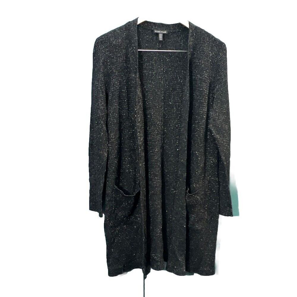 Eileen Fisher Merino Sparkle Long Cardigan Medium Pockets silver party luxury